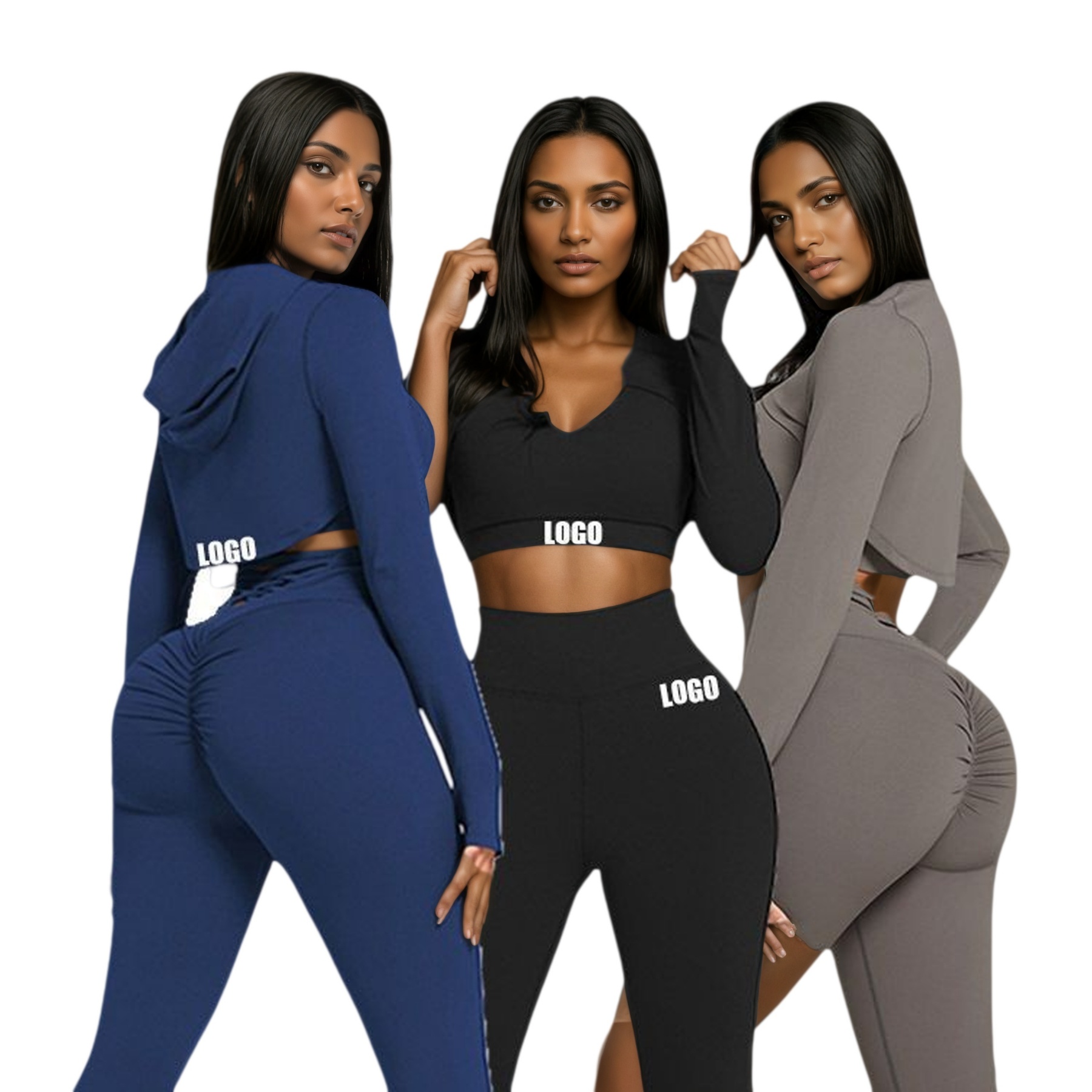 3 Pieces Yoga Fitness Set Gym Workout Cropped Hoodie Active Wear Sport Tracksuit